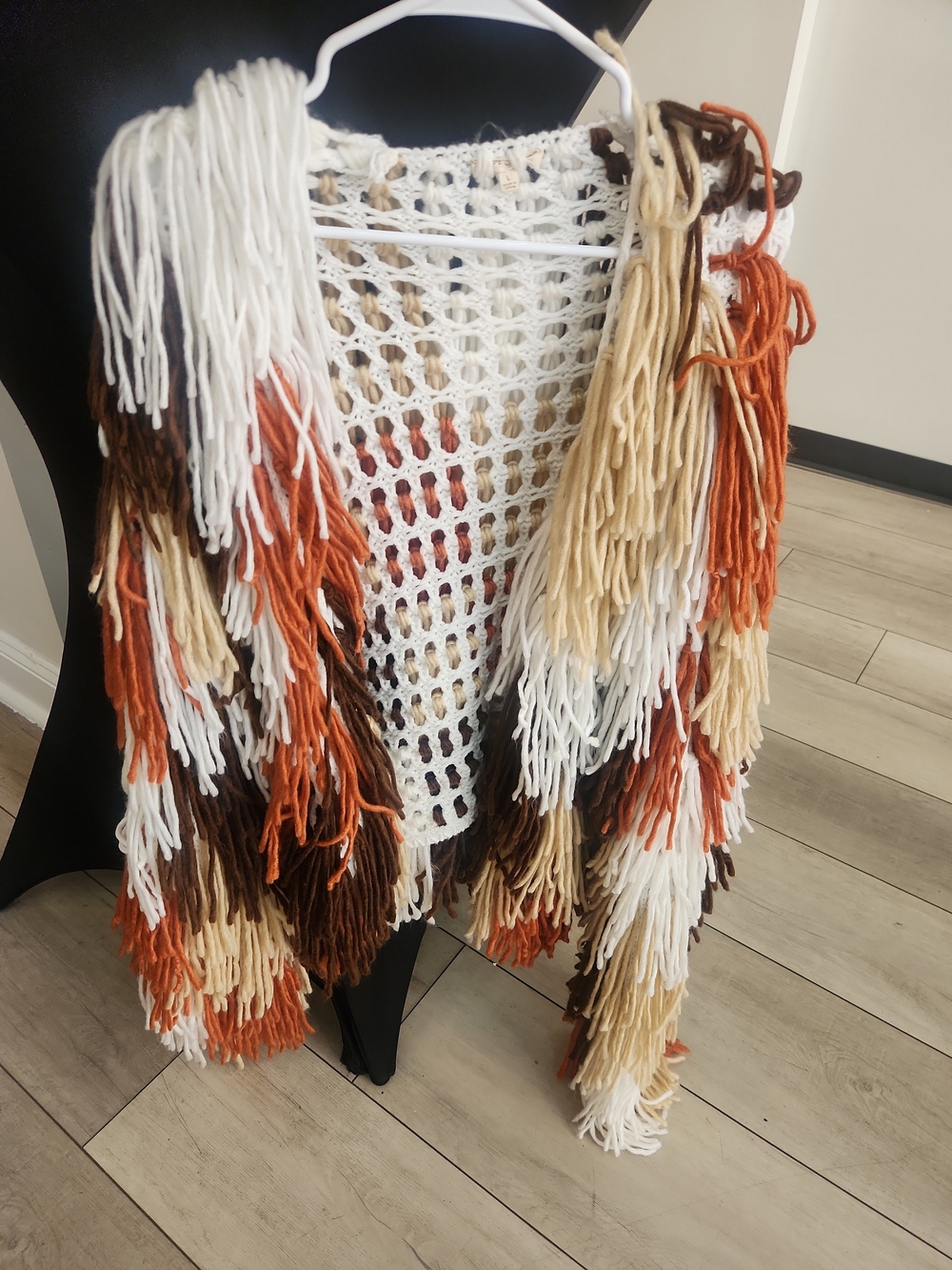 Fringed Multicolor Open-Front Jacket - White/Tan/Rust - Picture 2 of 5